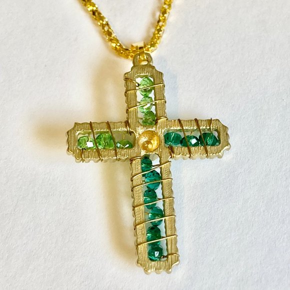 Vintage Gold Bead Cross Pendant Necklace Green Hand Beaded Plated 22" Christian - Picture 7 of 11